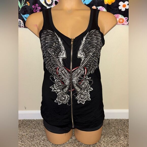Winged Angels & Duels Rhinestone Zip Top - Picture 1 of 3